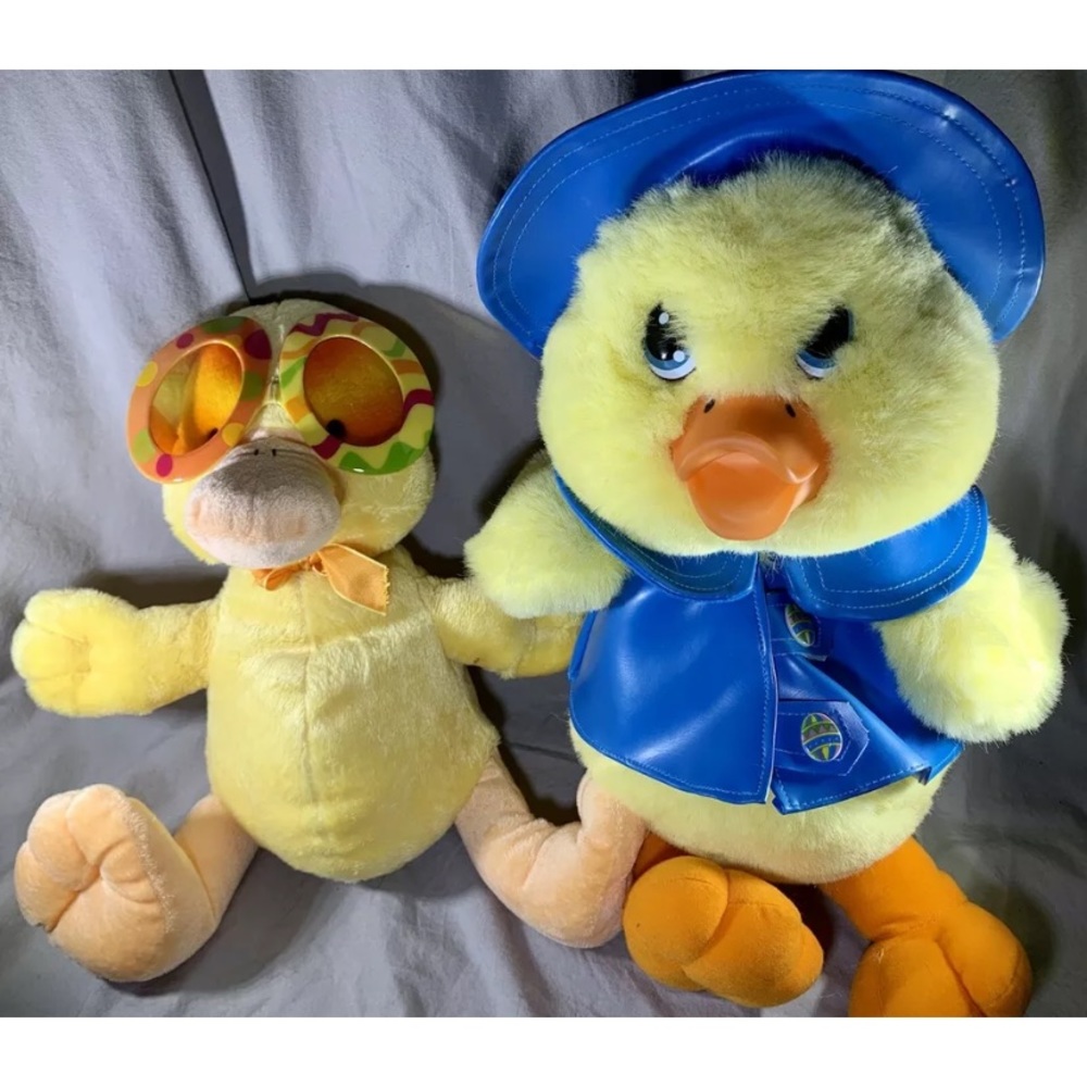 2 Duck Stuffed Animals 70s Glasses Blue Raincoat Galerie An Chocolat Easter